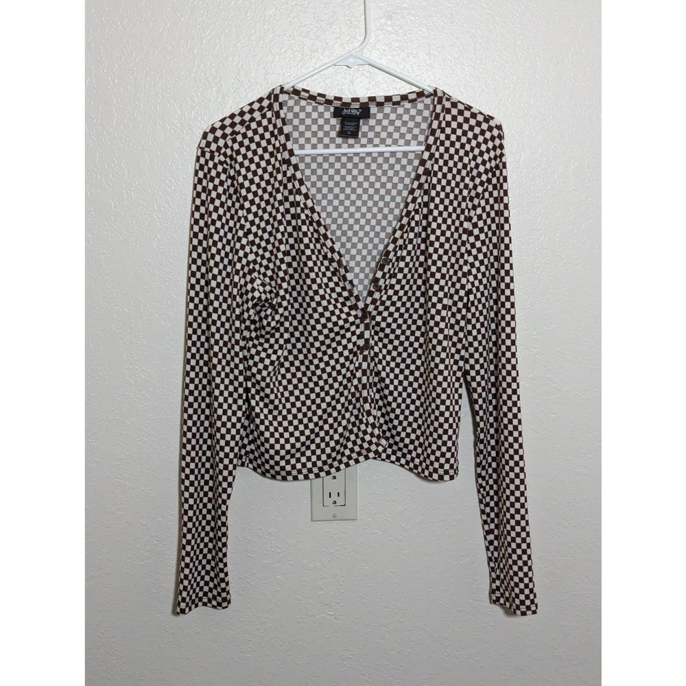Just Polly Women's Checkerboard Long Sleeve Cardigan Sweater Top Size XL